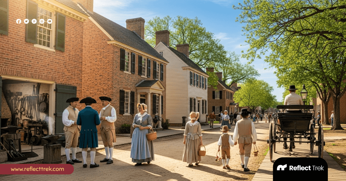 colonial area of Williamsburg, Virginia, with people in period costumes