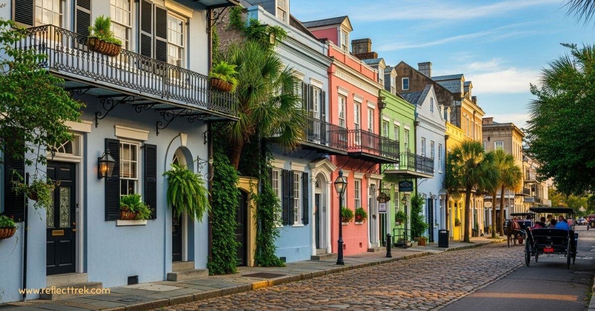 historic street in Charleston, South Carolina, with colorful buildings and cobblestones