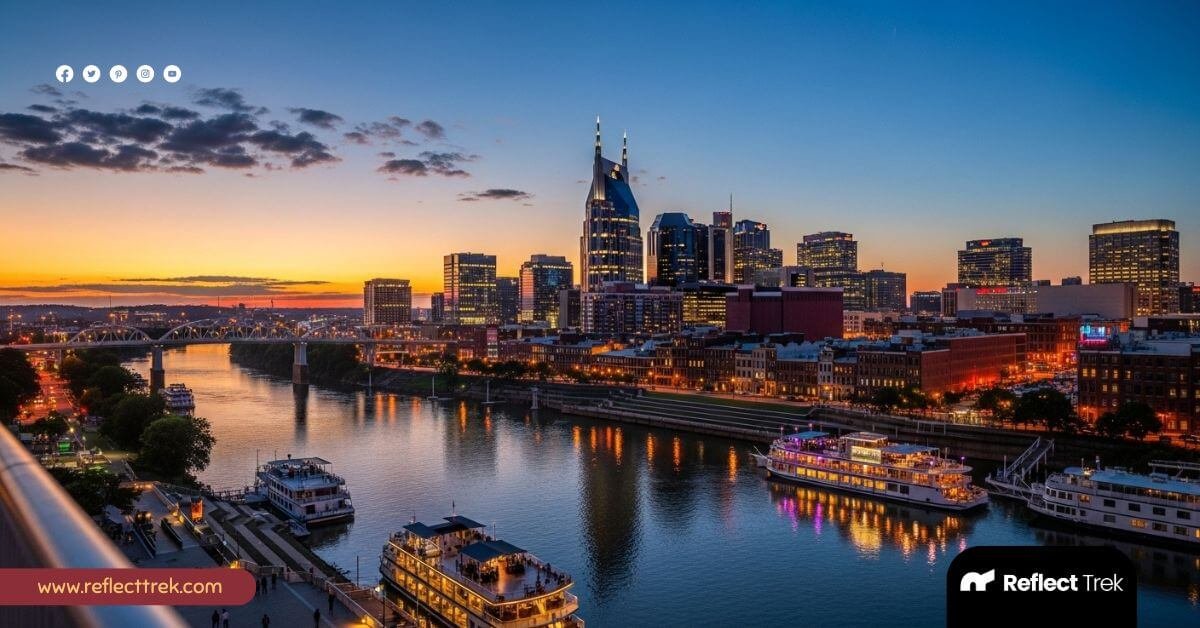 downtown Nashville with the city skyline and perhaps the Cumberland River